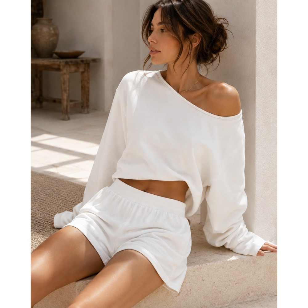 Commense White Distressed Off Shoulder Sweatshirt Asymmetrical Casual Top M
